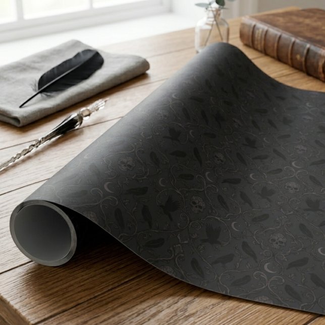 Mörk akademisk gotisk korp skalle damast presentpapper (Check out this moody raven wrapping paper for your best friend's birthday gift!)