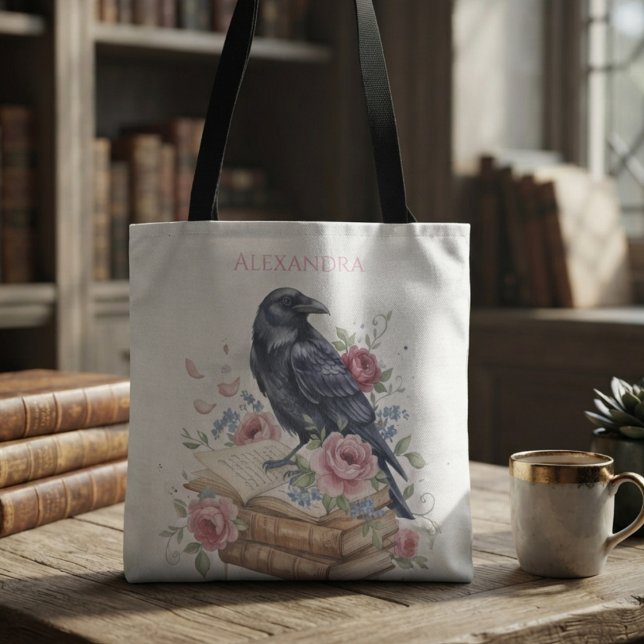 Mörk akademisk gotisk korp tygkasse (Obsidian raven tote bag for book lovers during library study sessions.)