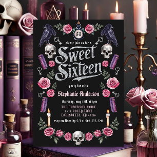 Mörk akademisk gotisk silverblomma Sweet 16 Inbjudningar
