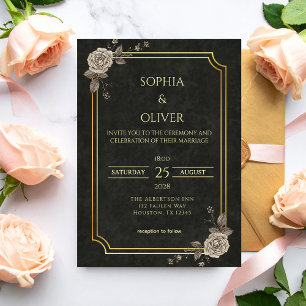 Mörk akademisk gotisk svart guld elegant bröllop inbjudningar