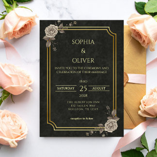Mörk akademisk gotisk svart guld elegant bröllop inbjudningar