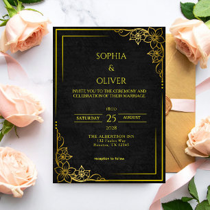 Mörk Akademisk Gotisk Svart Guld Elegant Bröllop Inbjudningar