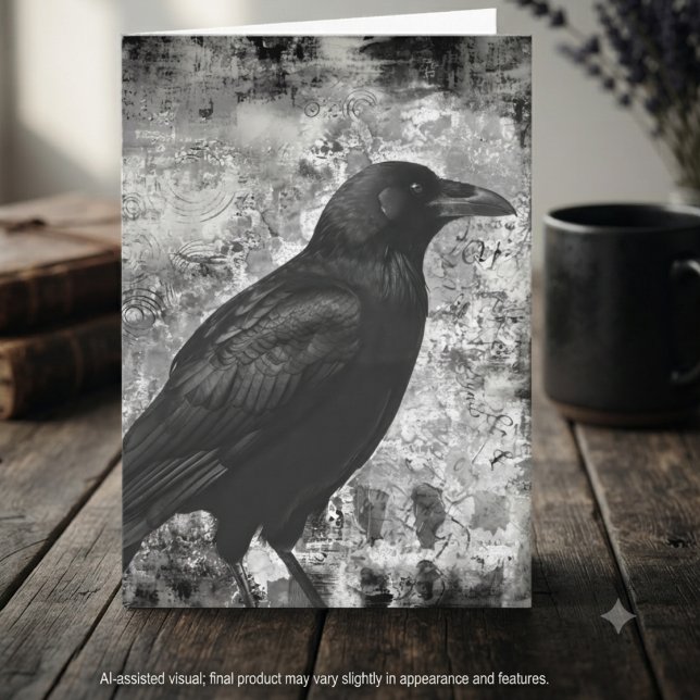 Mörk akademisk gråskala slitna korpkonst kort (Moody greyscale grunge raven note card for dark academia scholars and gothic correspondence.)