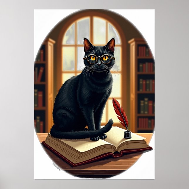 Mörk akademisk katt bokorm läsare glasögon läder  poster (Framsidan)
