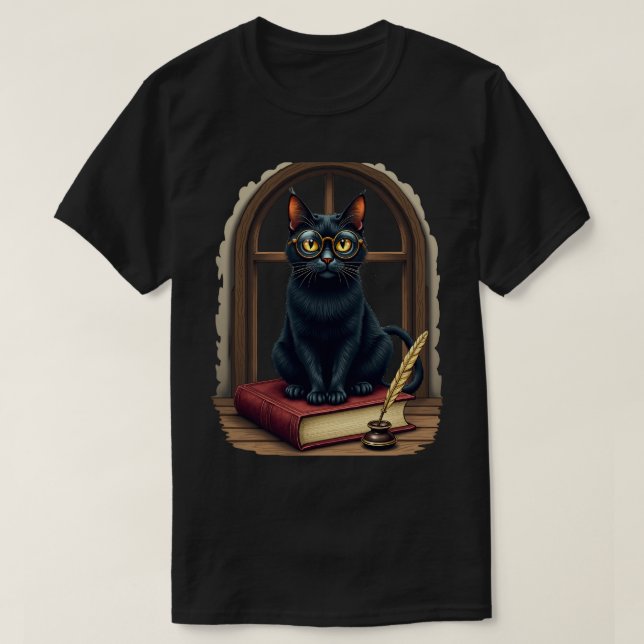 Mörk akademisk kattläsarbrillor fjäderpenna biblio t shirt (Design framsida)