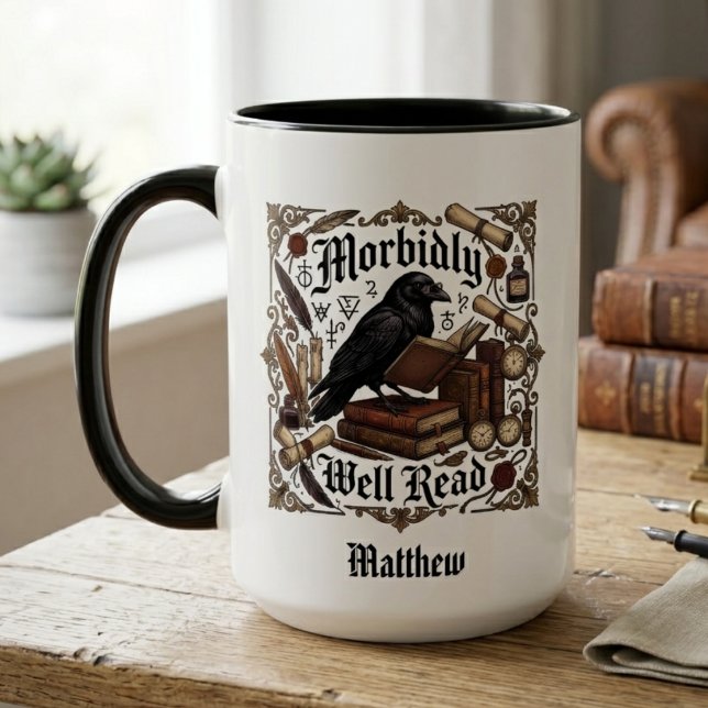 Mörk Akademisk Korp Gotisk Namn Mugg (A raven mug for your favorite student to enjoy while reading during the Halloween season.)