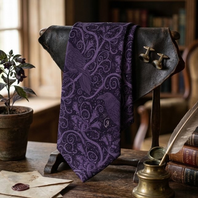 Mörk Akademisk Korp Kråka Blommönstrad slips (Whimsigoth raven purple necktie)