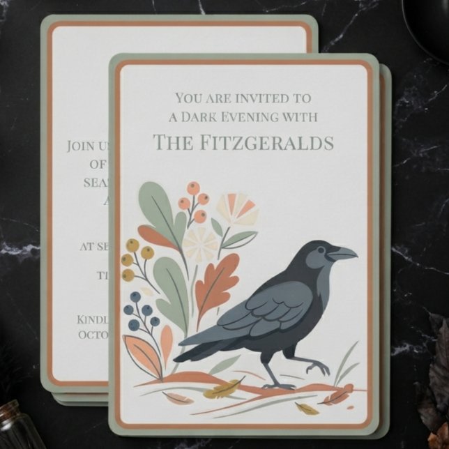 Mörk akademisk sage folkkonst korp inbjudningar (Sage invitation with folk art raven for hosts during Halloween party celebrations.)