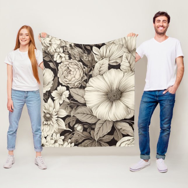 Mörk akademisk sepia blomster botanisk fleecefilt (På plats)