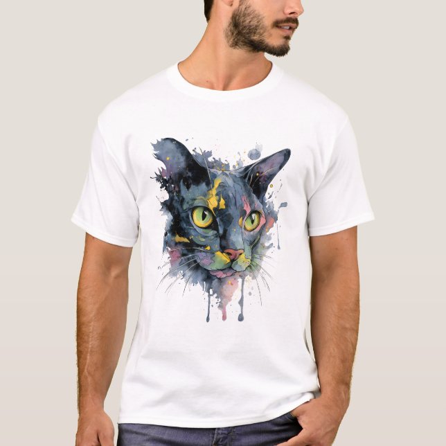 Mörk akvarell katt ansikte neon ögon konst t shirt (Framsida)
