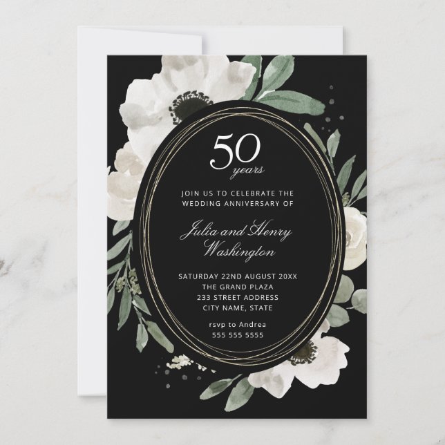Mörk akvarellblomma guld ram 50-årsjubileum inbjudningar (Framsida)