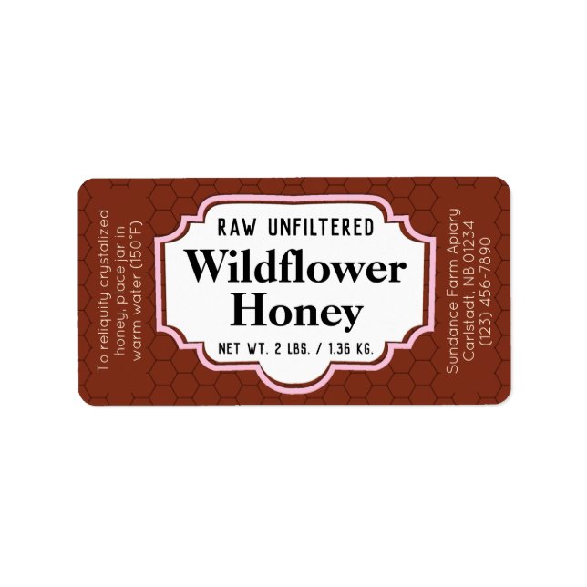 Mörk Amber Honeycomb Honung Burk Adressetikett (Framsidan)