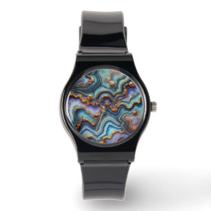 Mörk Amethyst Lila Teal Blue Guld Marble Mönster Armbandsur