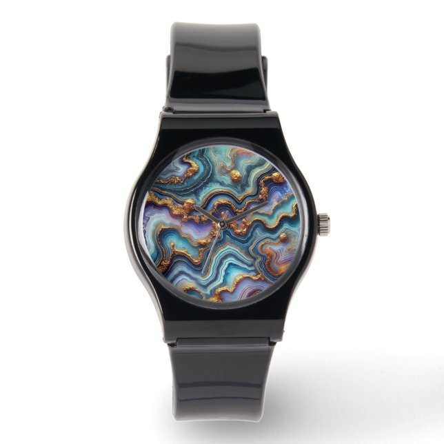 Mörk Amethyst Lila Teal Blue Guld Marble Mönster Armbandsur (Framsida)