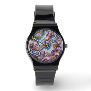 Mörk Amethyst Lila Teal Blue Guld Marble Mönster Armbandsur