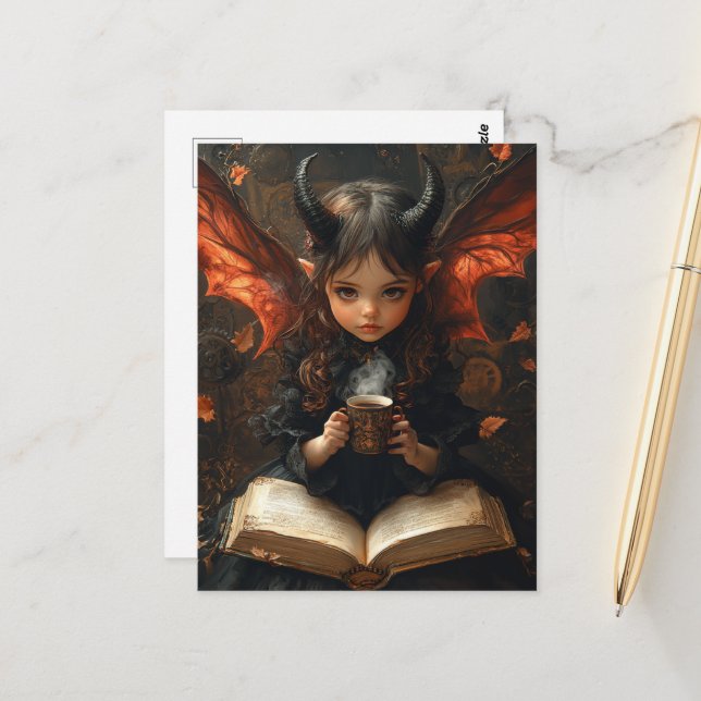 Mörk Angel med kaffe och Bok Vykort (Fram/Back In Situ)