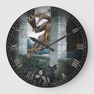 Mörk Angel och Dragon Vignette Wall Clock Stor Klocka