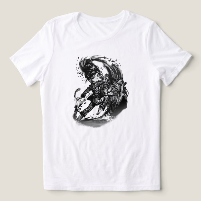 Mörk Animeflicka med jättekatt KONST T Shirt (Design Framsida)
