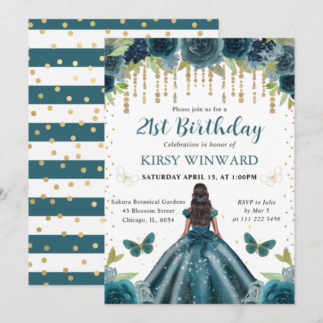 Mörk Aqua Dress Mörk Skin Princess Birthday Inbjudningar (Fram/baksida)