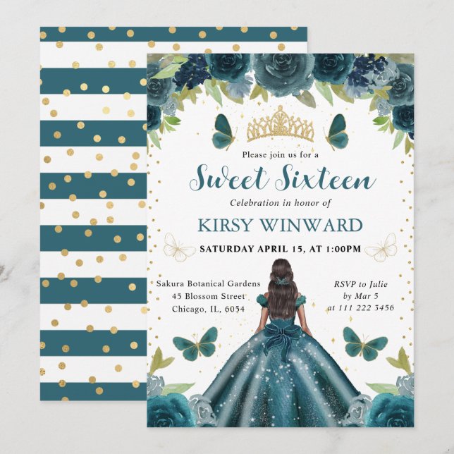 Mörk Aqua Dress Mörk Skin Princess Sweet 16 Inbjudningar (Fram/baksida)