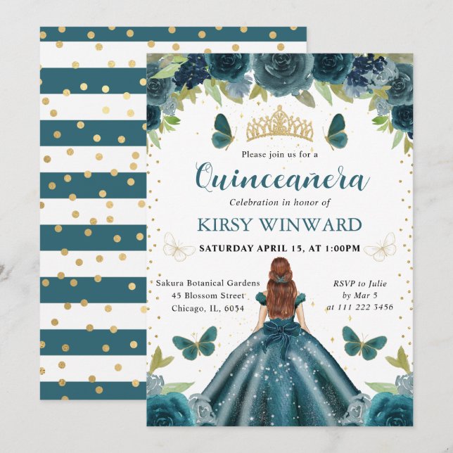 Mörk Aqua Dress Red Hair Princess Quinceanera Inbjudningar (Fram/baksida)