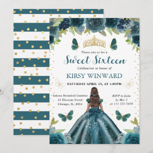Mörk Aqua Klänning Mörkhyad Prinsessa Sweet 16 Inbjudningar