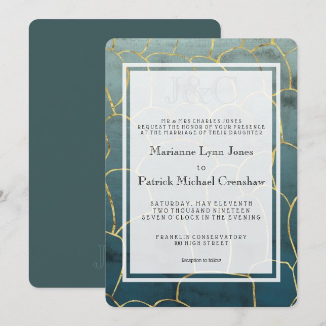 Mörk Aquamarine Goldvein Modern Bröllop Inbjudningar (Fram/baksida)