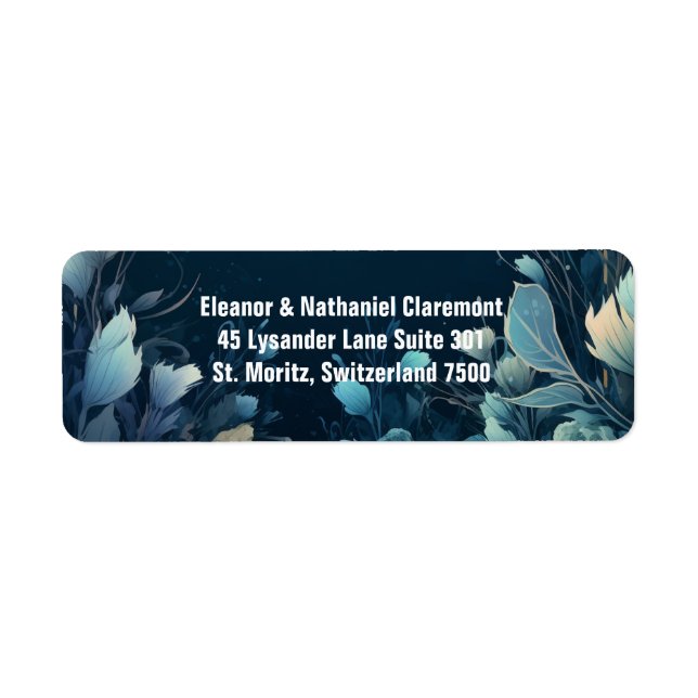 Mörk Aquamarine och Teal Blue Blommigt Bröllop Returadress Etikett (Framsidan)
