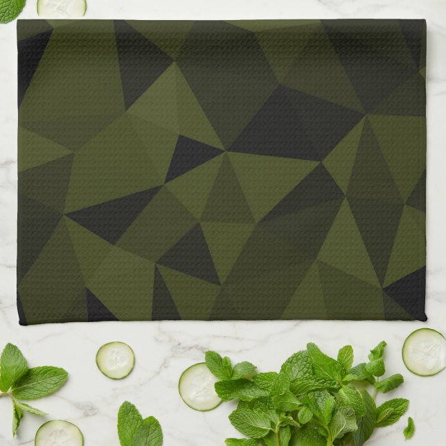 Mörk armégrön svart geometrisk mesh-mönster cool  kökshandduk (Vikta)