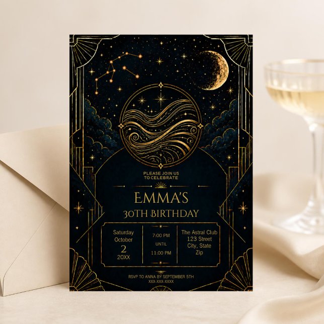 Mörk Art Deco Vattumannen Stjärntecken 30-årsdag Inbjudningar (Dark Art Deco Aquarius zodiac 30th birthday invitation featuring celestial details, vintage-inspired)