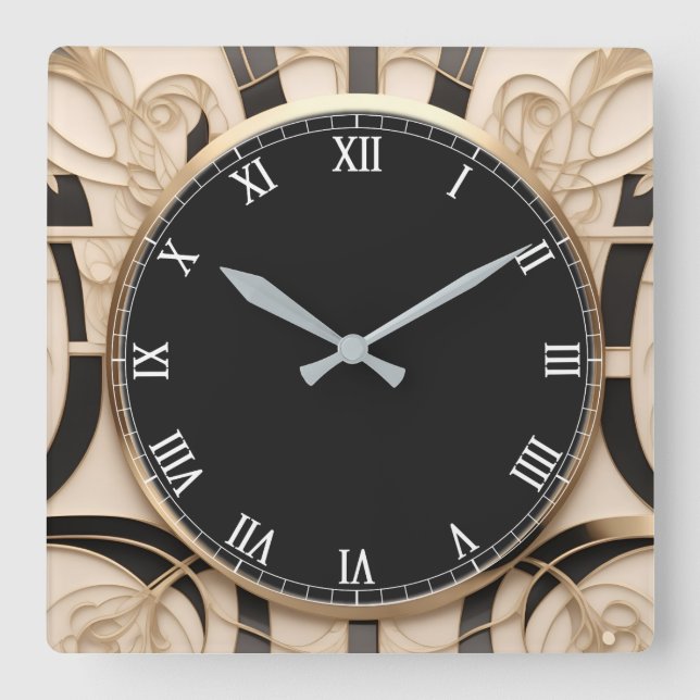 Mörk Art nouveau Art Deco Clock - Svartvit Guld Fyrkantig Klocka (Framsida)