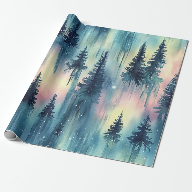 Mörk Aurora Borealis Nattlig Skog (10) Presentpapper (Utrullad)