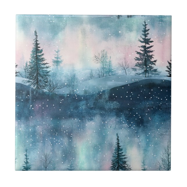 Mörk Aurora Borealis Nattlig Skog (1) Kakelplatta (Framsidan)