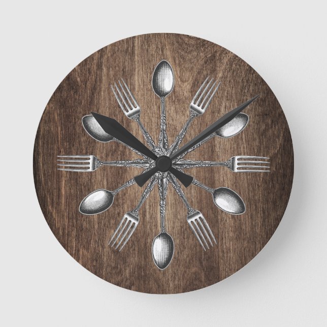 Mörk av Chef Kitchen Utensils Elegant Wood Rund Klocka (Framsida)