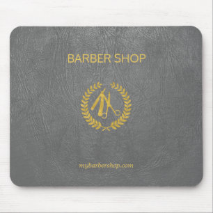 Mörk av läder av grått-läder i lyxbarber, guld musmatta