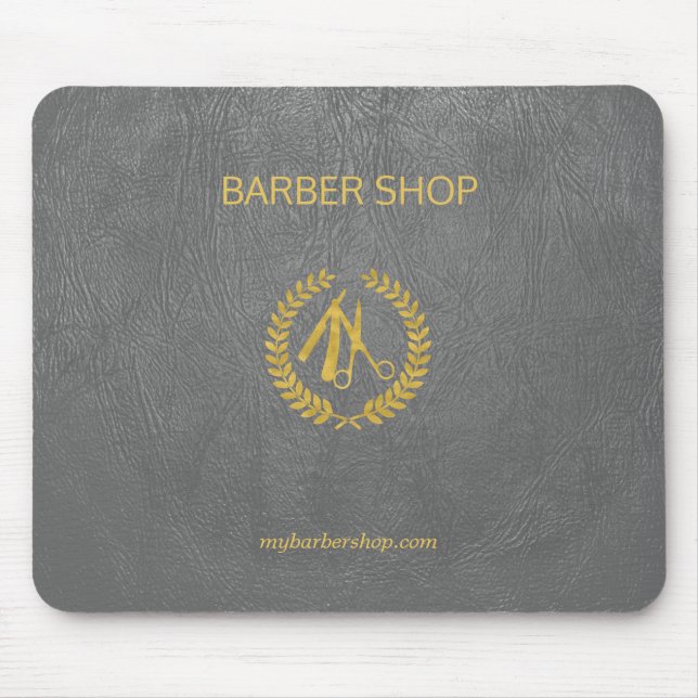 Mörk av läder av grått-läder i lyxbarber, guld musmatta (Framsidan)