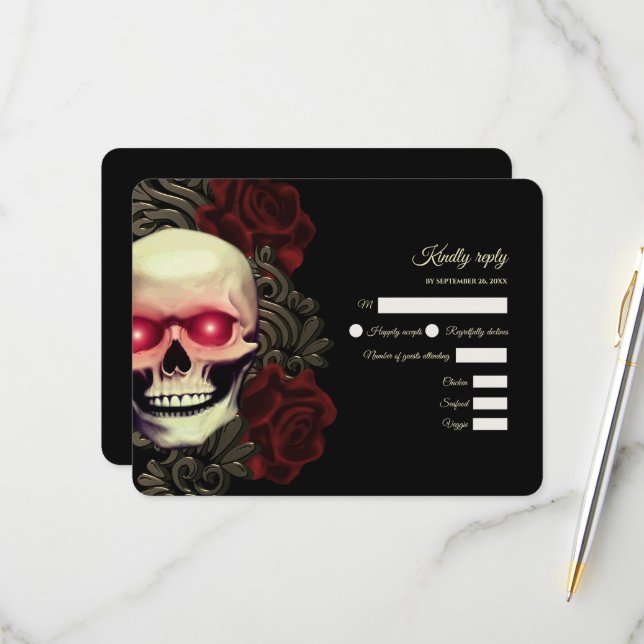 Mörk av  med rött blommigt, skallhallobröllop OSA kort (Fram/Back In Situ)