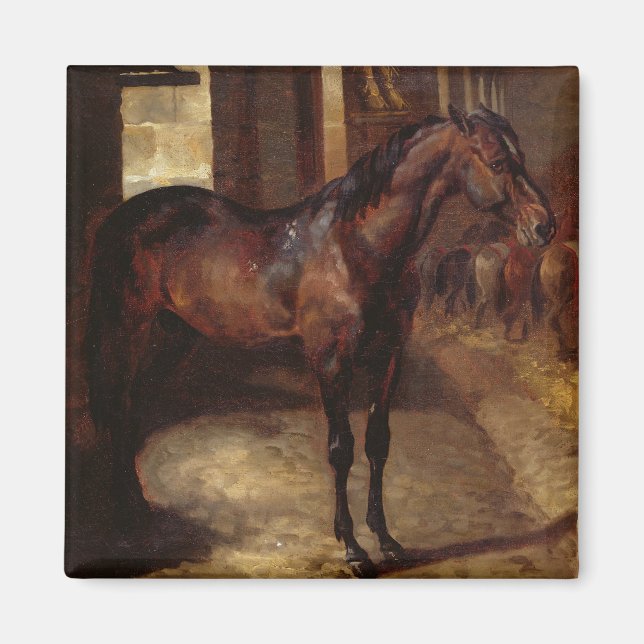 Mörk Bay Horse i stall Magnet (Framsidan)