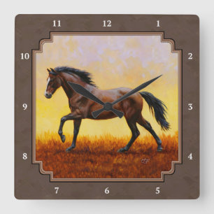 Mörk Bay Running Horse Taupe Fyrkantig Klocka