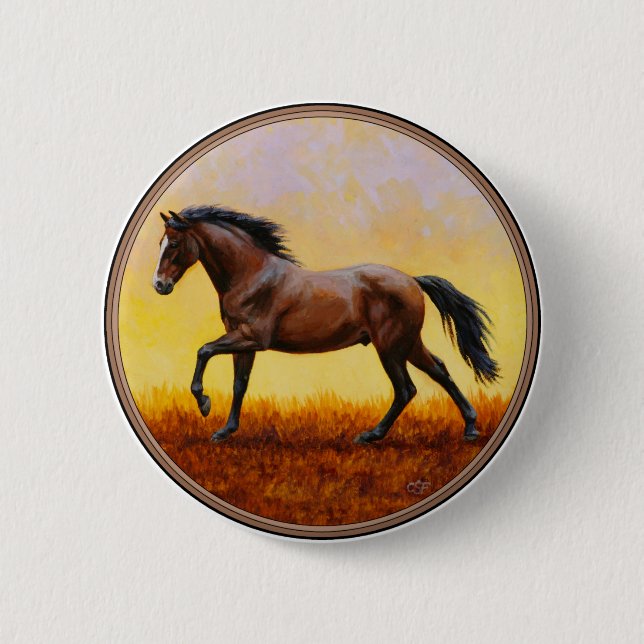 Mörk Bay Stallion Horse Galloping Knapp (Framsida)
