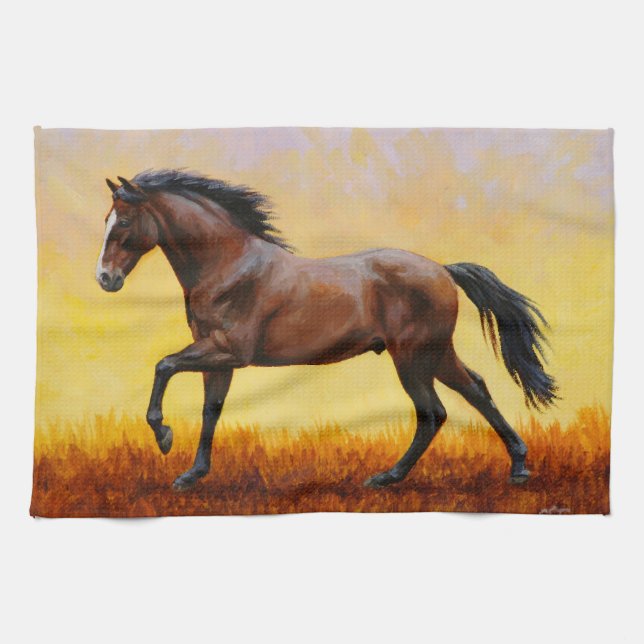 Mörk Bay Stallion Horse Galloping Kökshandduk (Horisontell)