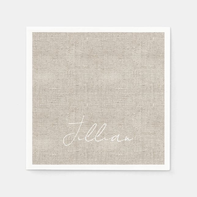 Mörk Beige Linen Fabric White NAMN Timless Pappersservett (Framsidan)