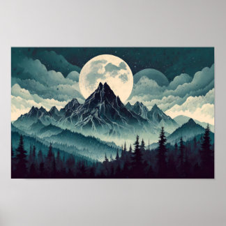 Mörk Berg med stort måne Poster