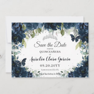 Mörk Blå Blommigt XV Quinceañera Spara datum Datumet