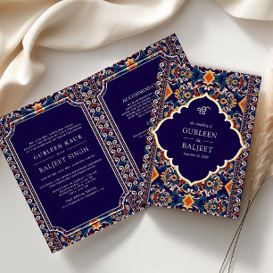 Mörk Blå Gul Ikat All in One Sikh Bröllop Inbjudan