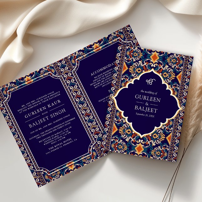 Mörk Blå Gul Ikat All in One Sikh Bröllop Inbjudan (Skapare uppladdad)