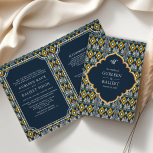 Mörk Blå Gul Ikat All in One Sikh Bröllop Inbjudan