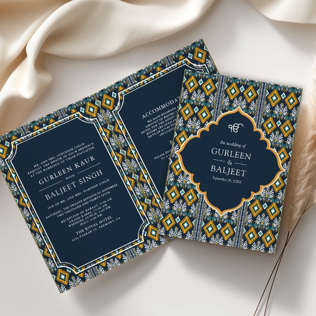 Mörk Blå Gul Ikat All in One Sikh Bröllop Inbjudan (Skapare uppladdad)