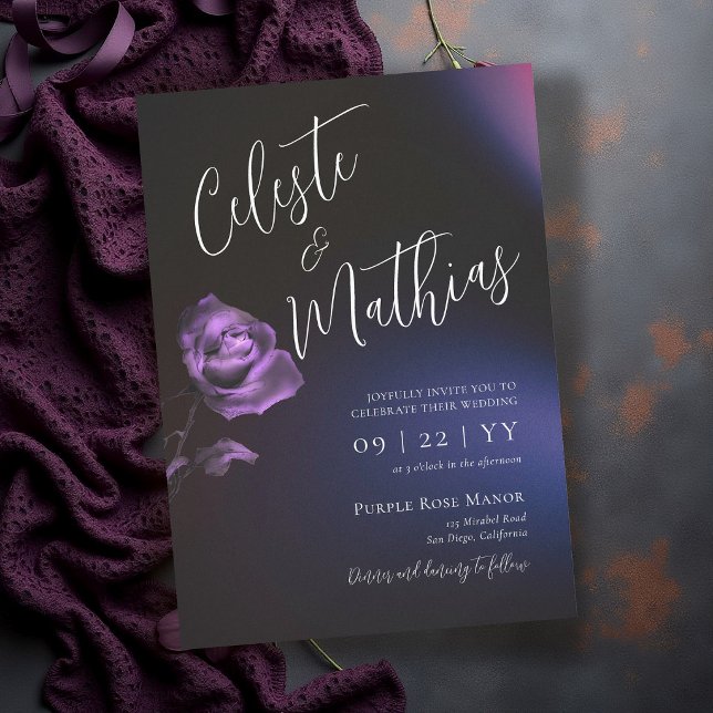 Mörk Blå Lila Ros Gotisk Romantisk Bröllop Inbjudningar (dark moody wedding invitation blue purple rose floral elegant romantic modern classic gothic)