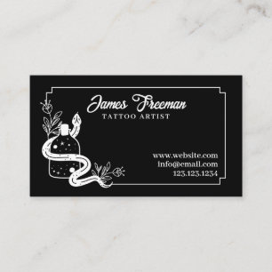 Mörk Black and White Snake Flower Tattoo Artist Visitkort